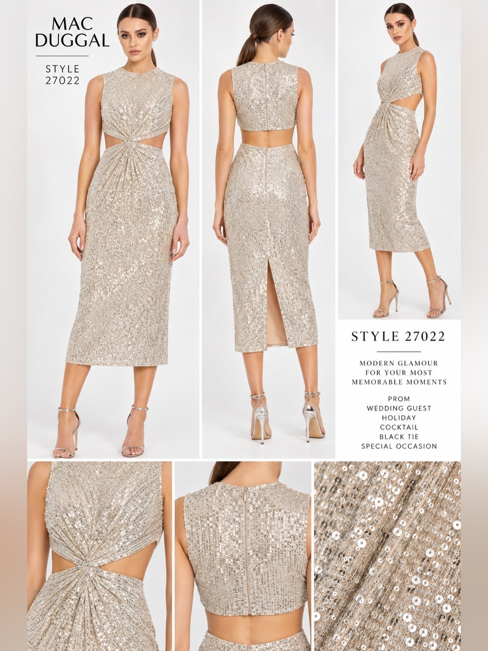 Mac Duggal 27022 Champagne Sequin Cutout Midi Dress NWT Size 2 & 4